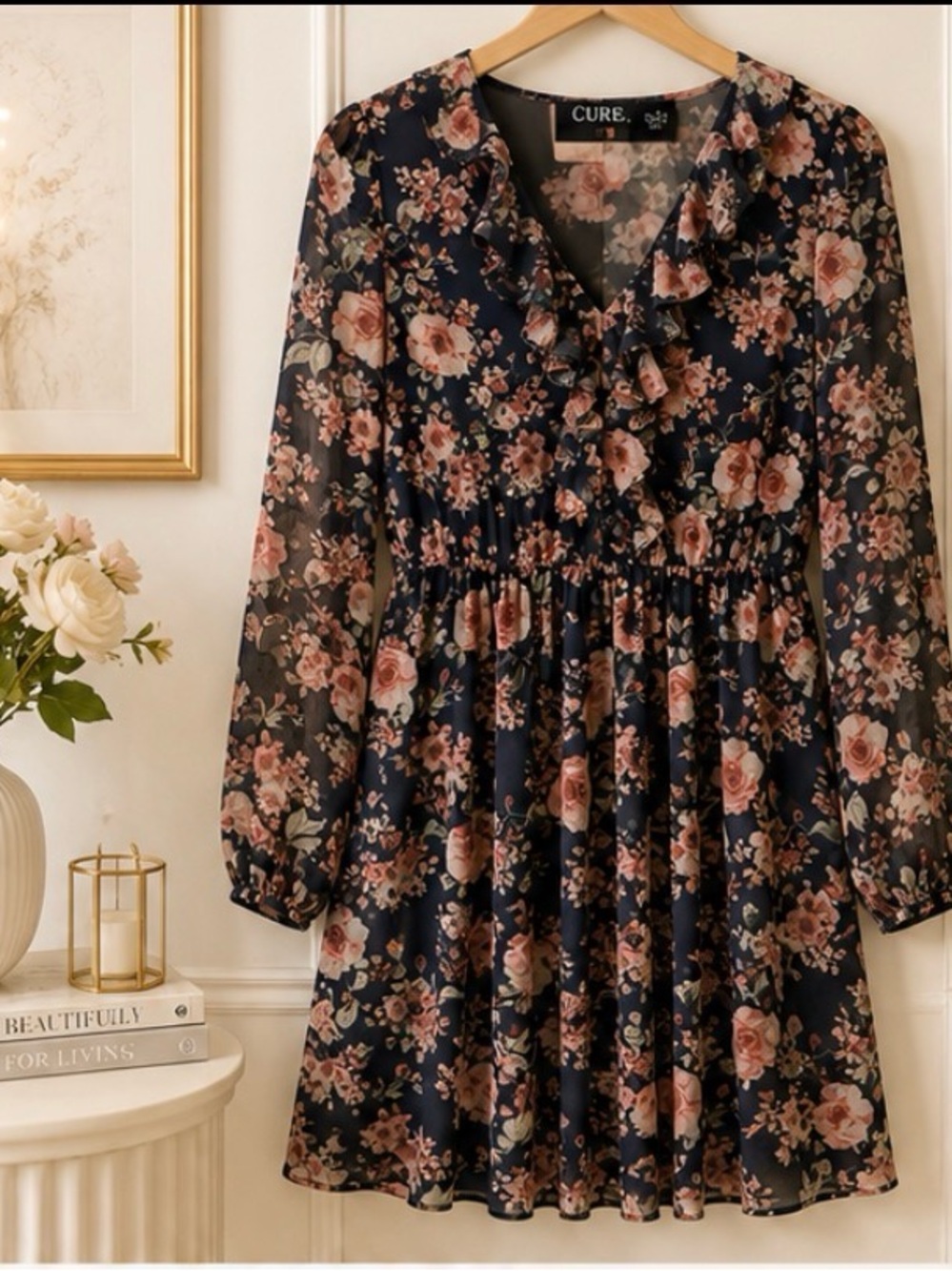 CURE Floral V-Neck Ruffle Navy & Blush Long Sleeve Dress